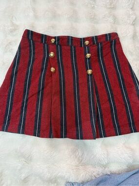 Gold-Button Striped Red Mini Skirt